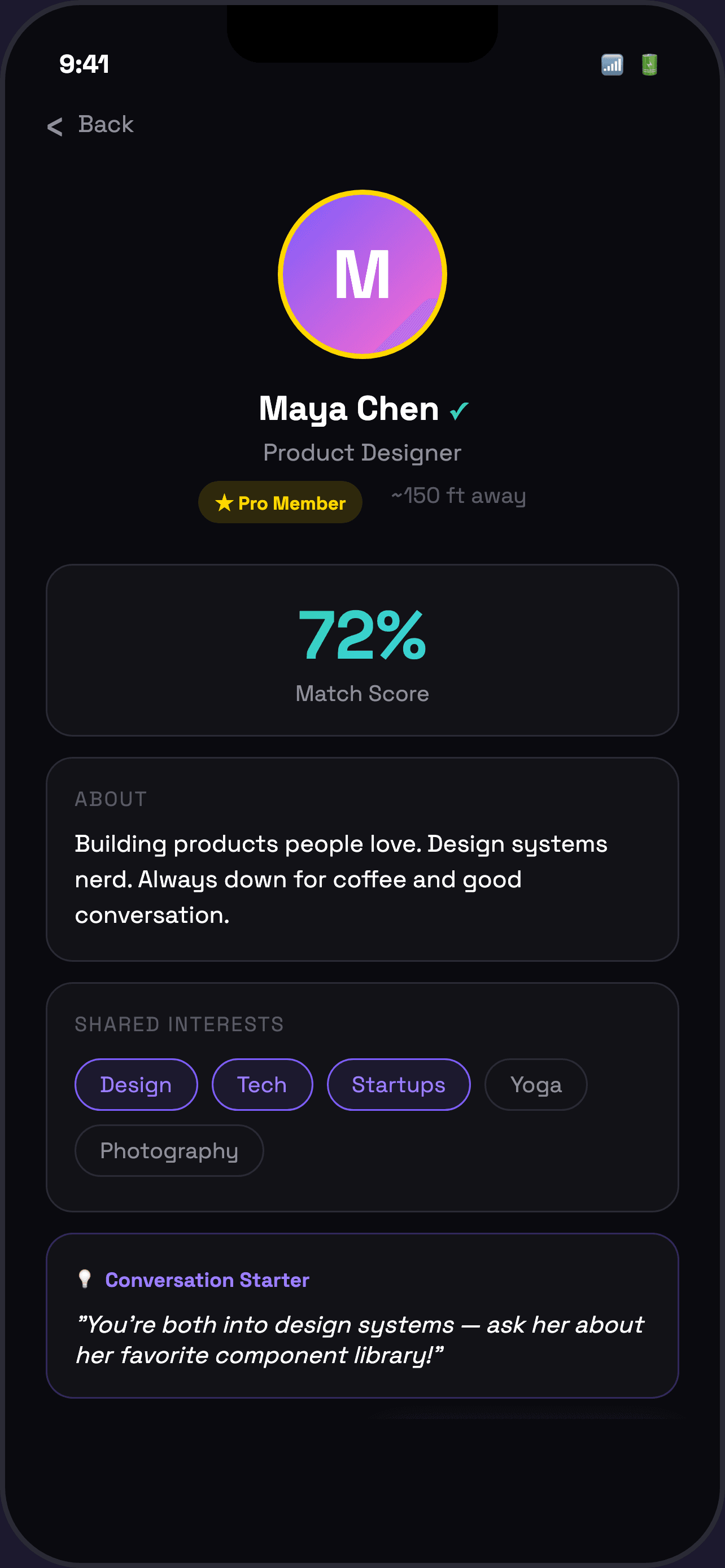 Proxxi profile view with match score and shared interests