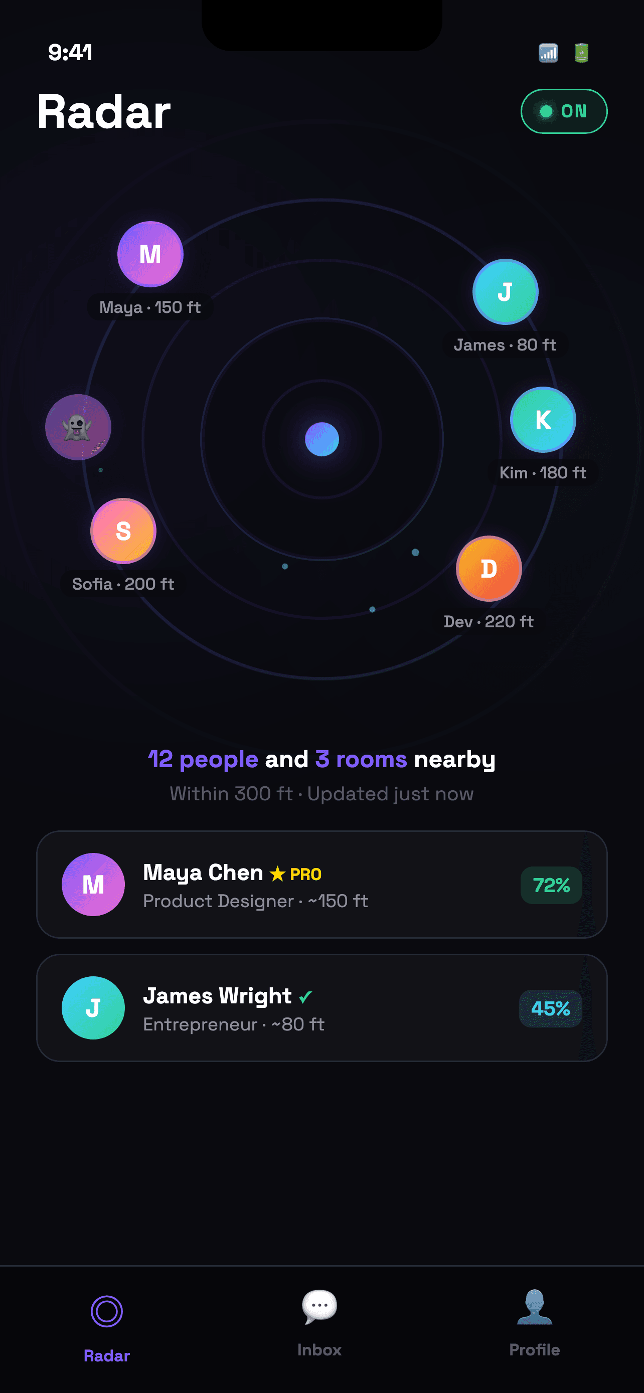 Proxxi Radar showing nearby professionals within walking distance