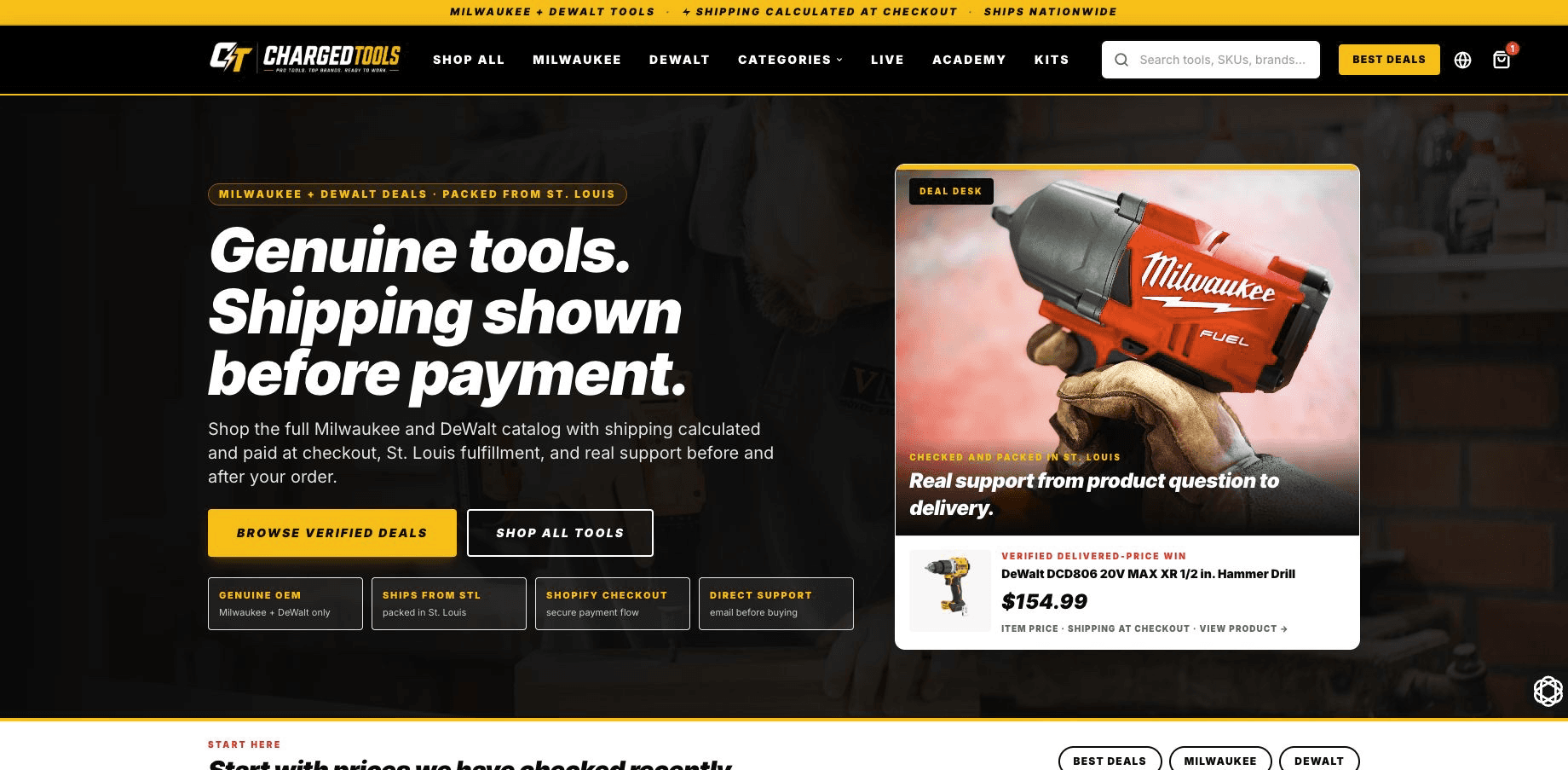 Charged Tools storefront with product search and Milwaukee and DeWalt navigation