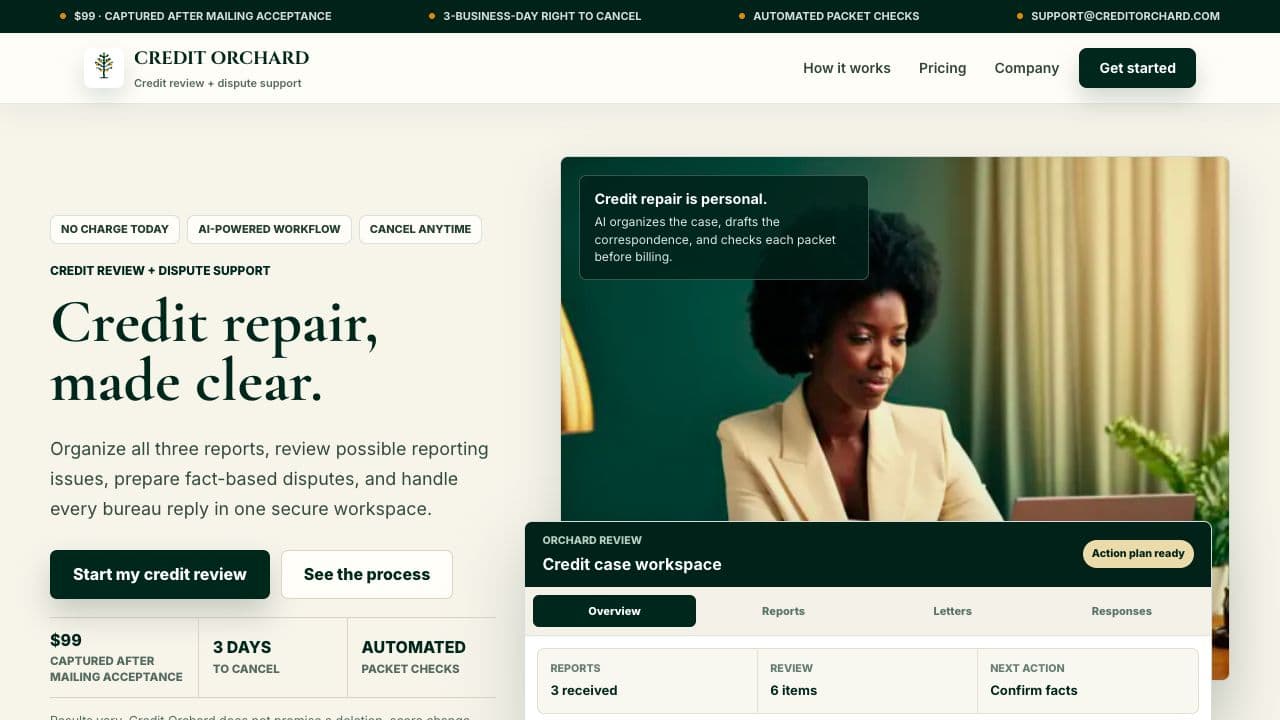 Credit Orchard live credit repair platform landing page