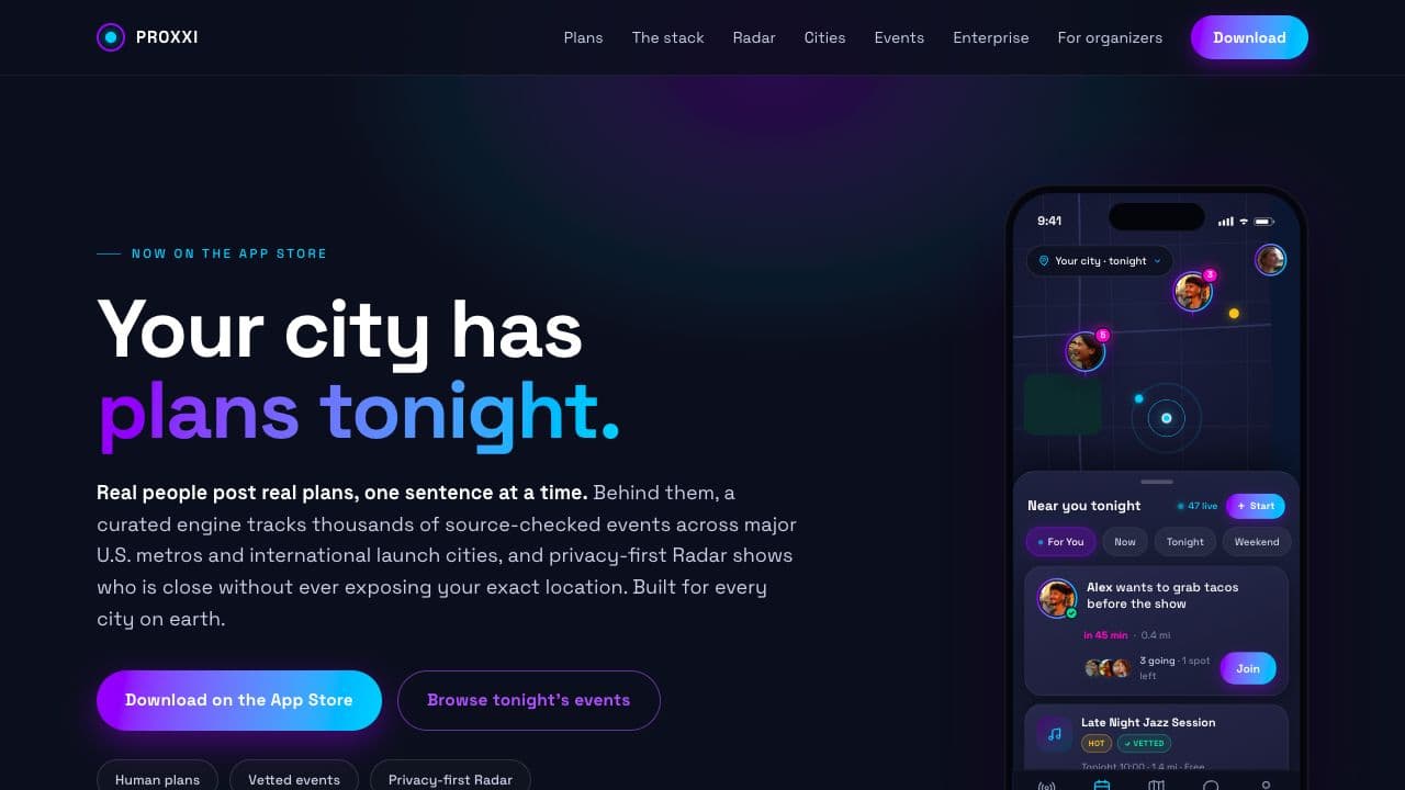 Proxxi city discovery platform with live plans, vetted events, and Radar
